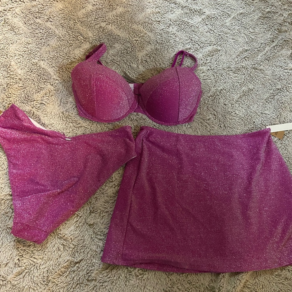 3 piece Victoria secret PINK sparkly  bikini and cover up skirt NWT - Picture 3 of 4
